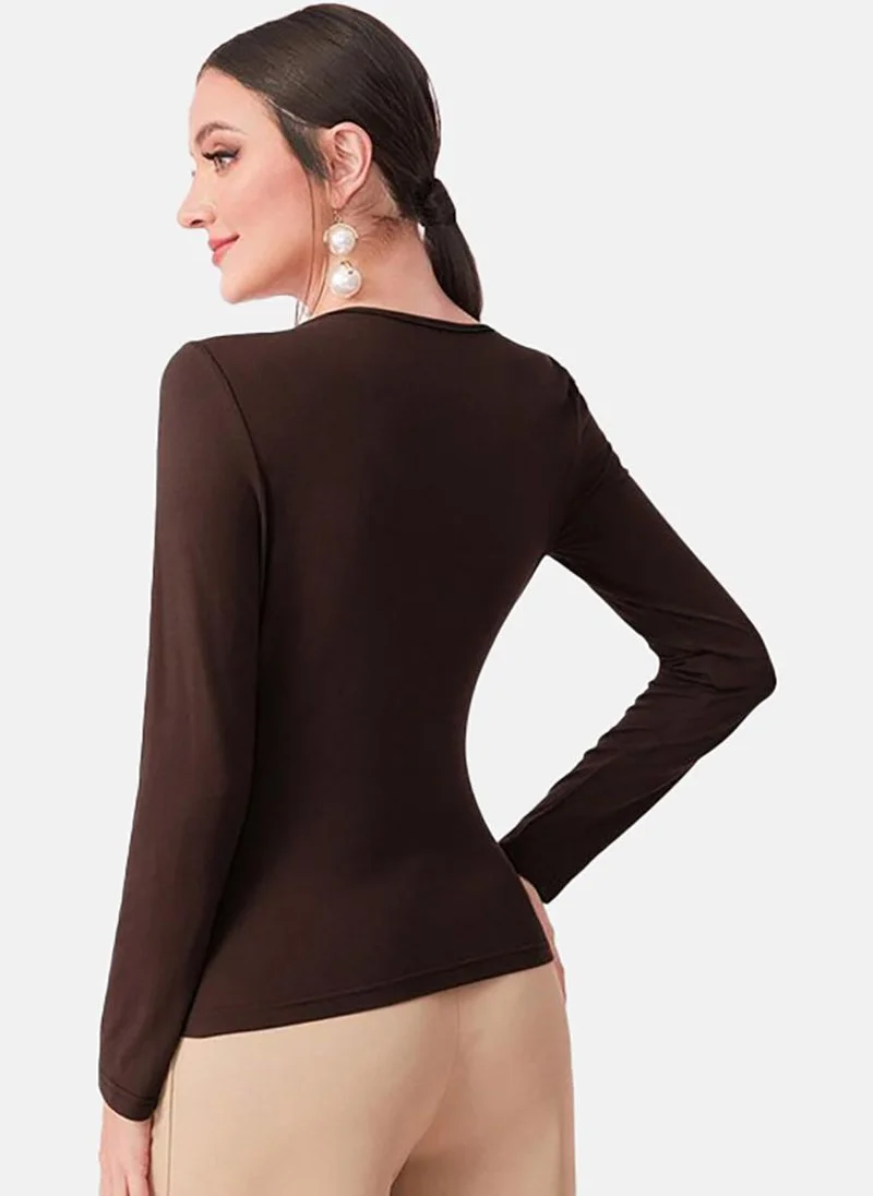 يونيكي Brown Solid Slim Fit Long Sleeve Top