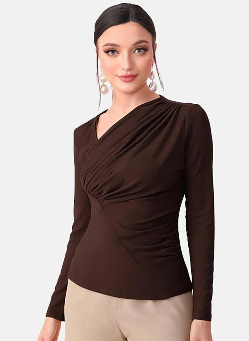 يونيكي Brown Solid Slim Fit Long Sleeve Top