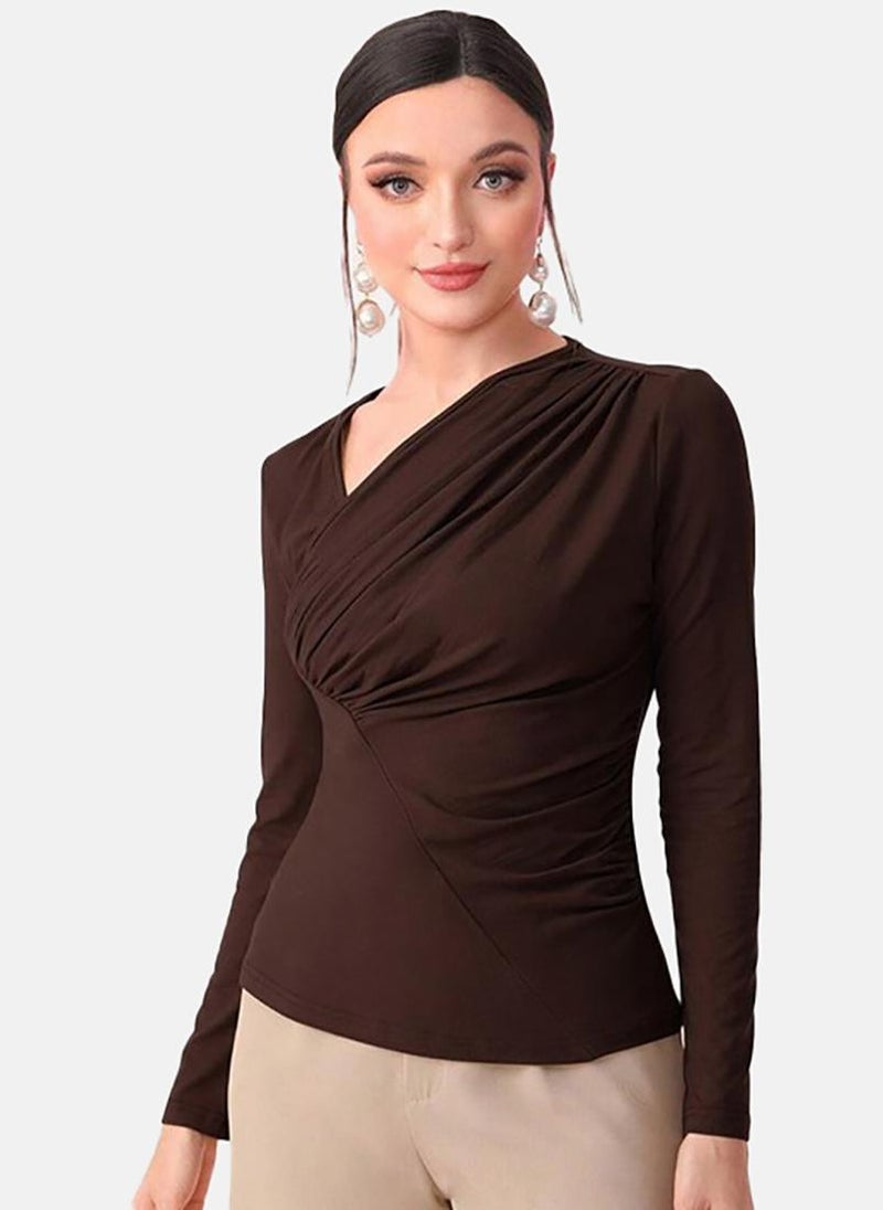 يونيكي بلوزة بأكمام طويلة بقصة ضيقة بلون بني سادة - Image 3