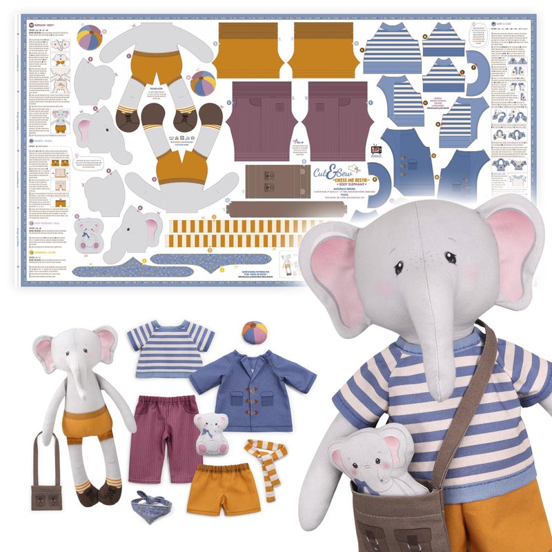 kullaloo Cut & Sew Fabric Panel â€“ Elephant Doll Sewing Kit for Teens & Adults âœ¦ Intermediate DIY Plush Project with Clothes âœ¦ Dress Me Bestie Eddy - Image 1