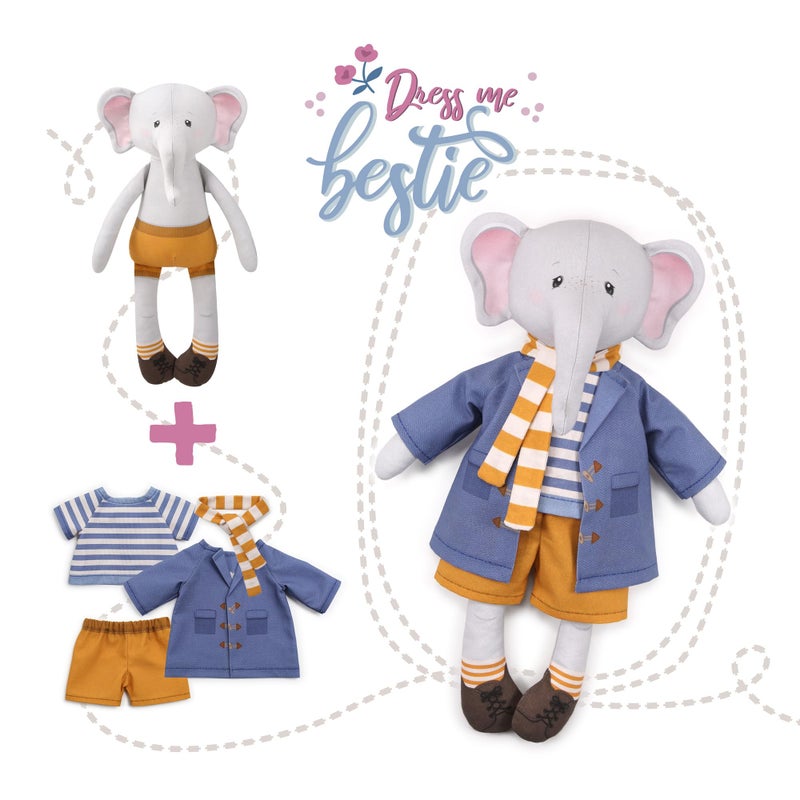 kullaloo Cut & Sew Fabric Panel â€“ Elephant Doll Sewing Kit for Teens & Adults âœ¦ Intermediate DIY Plush Project with Clothes âœ¦ Dress Me Bestie Eddy - Image 4