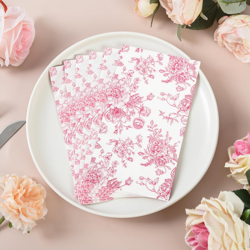 Elyxio 100 Floral Guest Napkins Pink and White Toile Disposable Paper Napkins Decorative Flower Bathroom Hand Towels for Bridal Baby Shower Tea Party Birthday Party Supplies - Image 4