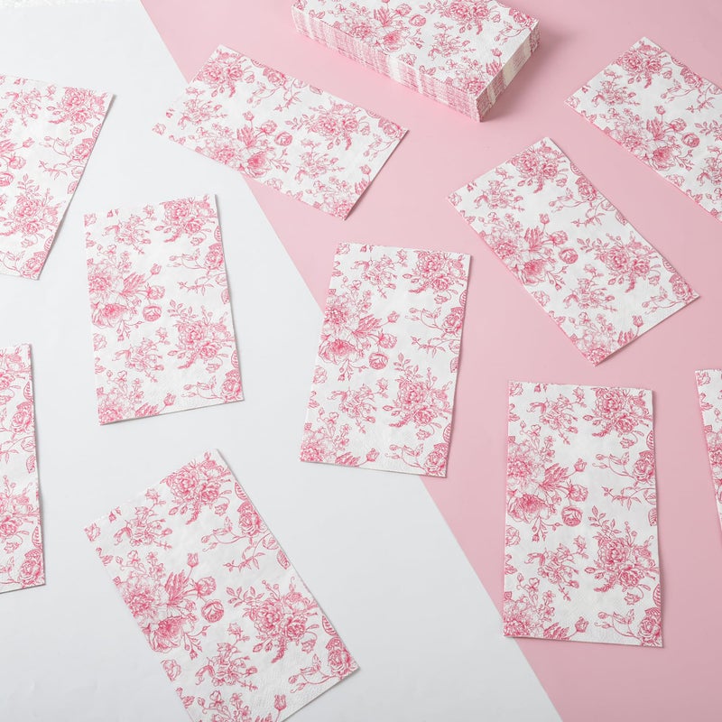 Elyxio 100 Floral Guest Napkins Pink and White Toile Disposable Paper Napkins Decorative Flower Bathroom Hand Towels for Bridal Baby Shower Tea Party Birthday Party Supplies - Image 5
