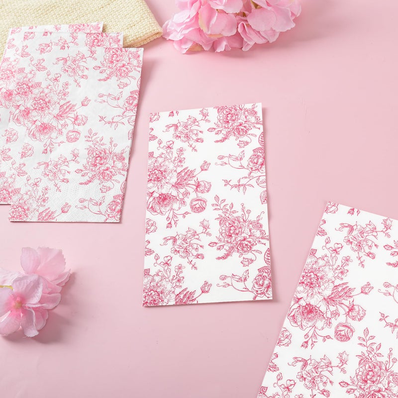 Elyxio 100 Floral Guest Napkins Pink and White Toile Disposable Paper Napkins Decorative Flower Bathroom Hand Towels for Bridal Baby Shower Tea Party Birthday Party Supplies - Image 3