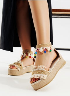Sandal Flat Burlap With Decorations K-13 - Beige