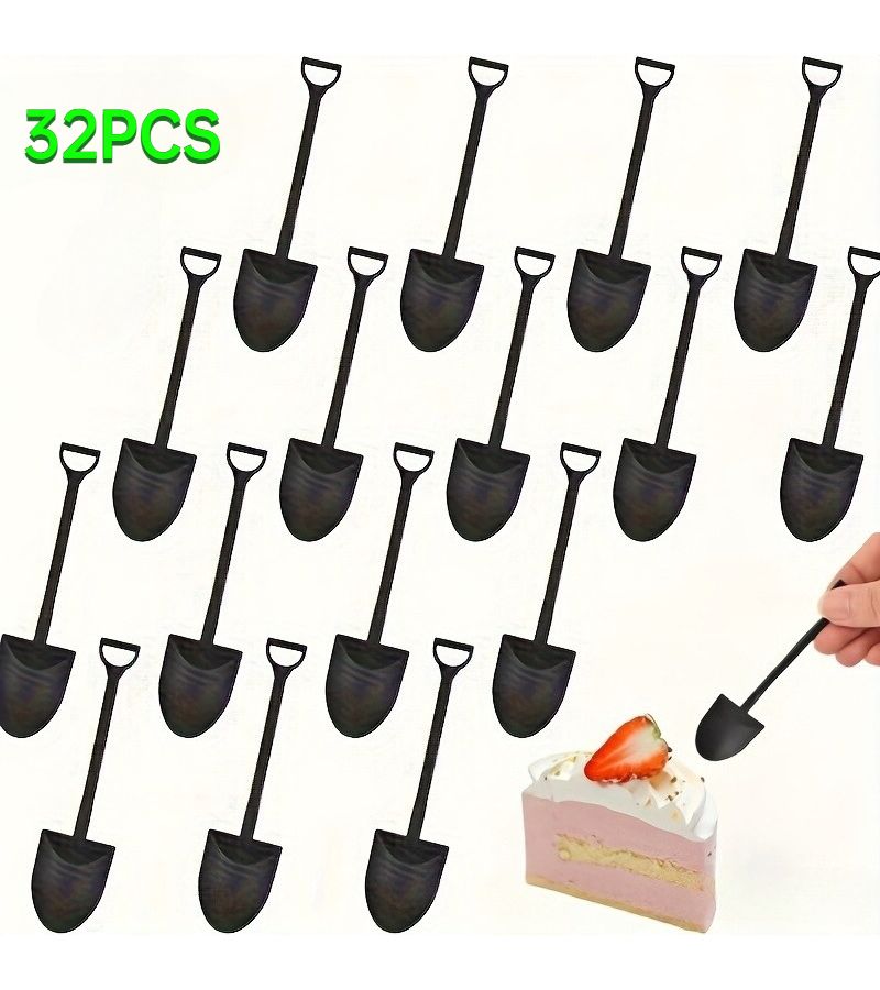 32Pcs Black Creative Mini Shovel Spoons Ice Cream Pudding Yogurt Mousse Cake Desserts Family Gatherings Christmas Halloween Easter Weddings Birthday Parties Outdoor Camping Picnics Takeout - Image 1