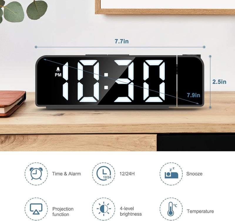 Ankilo Projection Alarm Clock, 7.9" Large LED Display Alarm Clock with 180° Projection on Ceiling Wall with 4 Level Dimming, USB Charging,12/24H, Snooze, Battery Backup, Projector Clock for Bedroom - Image 2
