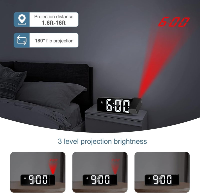 Ankilo Projection Alarm Clock, 7.9" Large LED Display Alarm Clock with 180° Projection on Ceiling Wall with 4 Level Dimming, USB Charging,12/24H, Snooze, Battery Backup, Projector Clock for Bedroom - Image 3