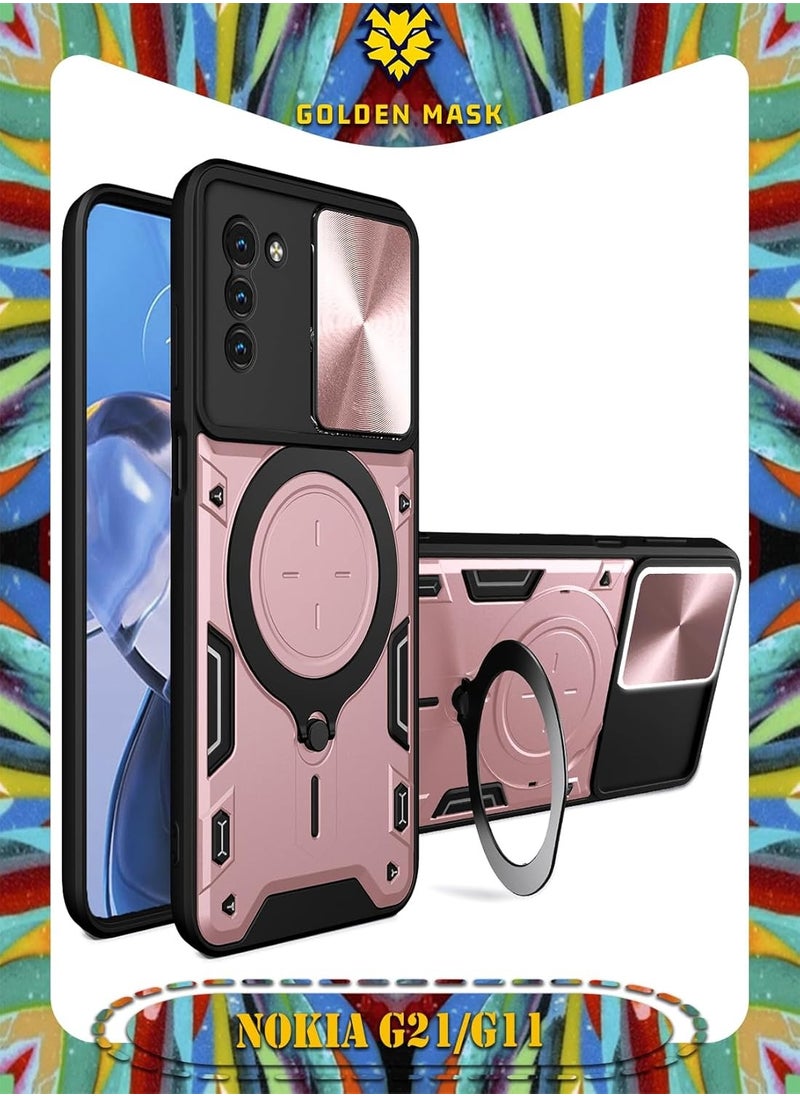 جولدن ماسك جولدن ماسك لهاتف نوكيا جى 21/ جى 11 (Nokia G21/G11) جراب حماية مع باب جرار لحماية عدسة  الكاميرا المدرعة مدمج بزاوية 360 درجة - (روز جولد) 