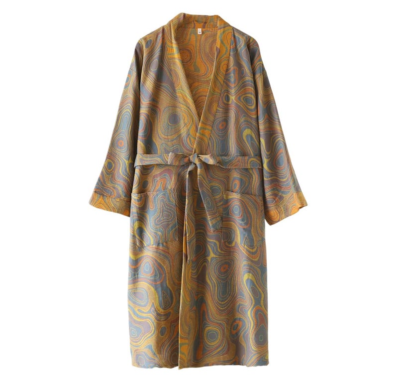 PEWRESLORS Yarn-dyed Cotton Japanese Kimono Bathrobe Loose Sleepwear Retro Yukata Robe for Women, L, Orange-yellow - Image 1