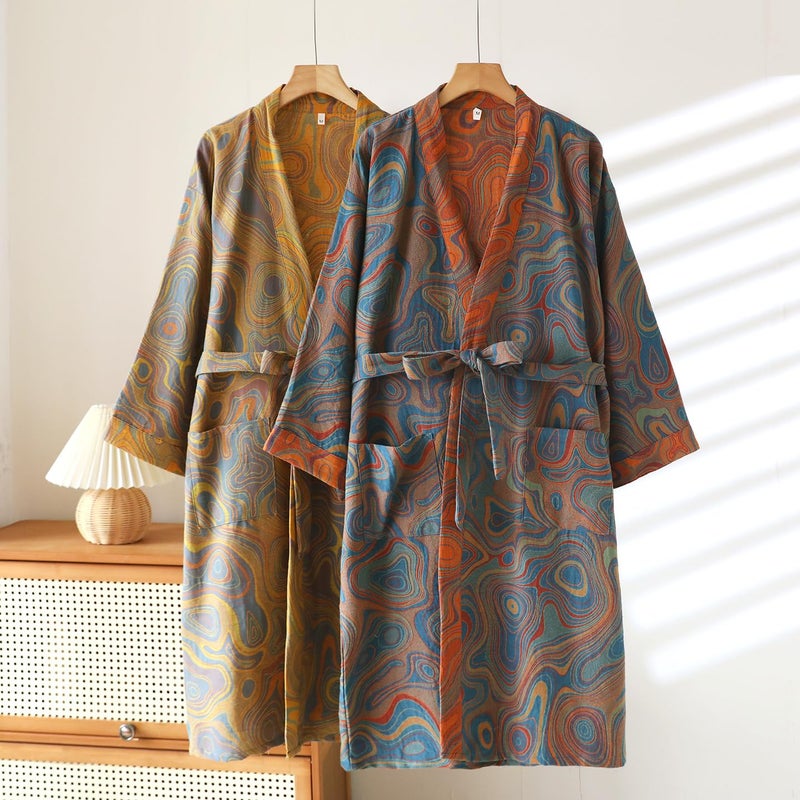 PEWRESLORS Yarn-dyed Cotton Japanese Kimono Bathrobe Loose Sleepwear Retro Yukata Robe for Women, L, Orange-yellow - Image 2