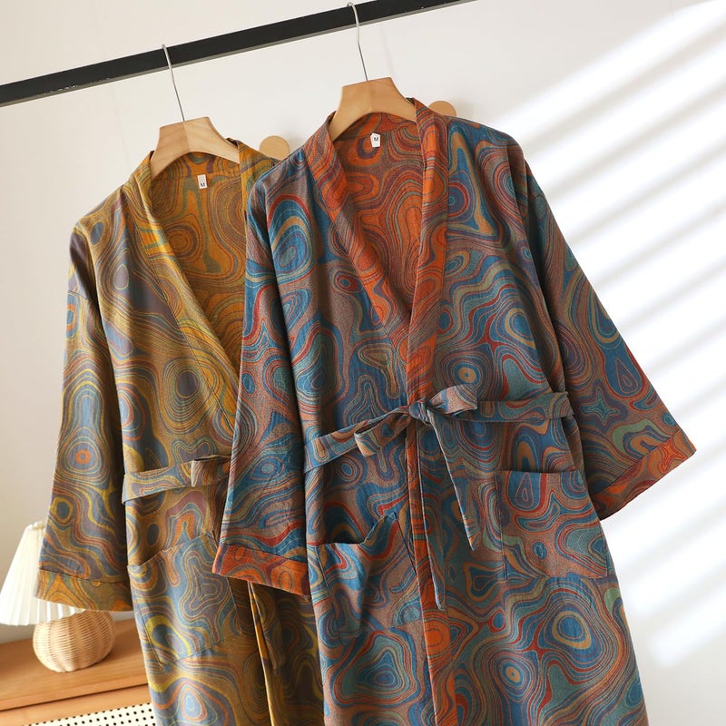 PEWRESLORS Yarn-dyed Cotton Japanese Kimono Bathrobe Loose Sleepwear Retro Yukata Robe for Women, L, Orange-yellow - Image 3