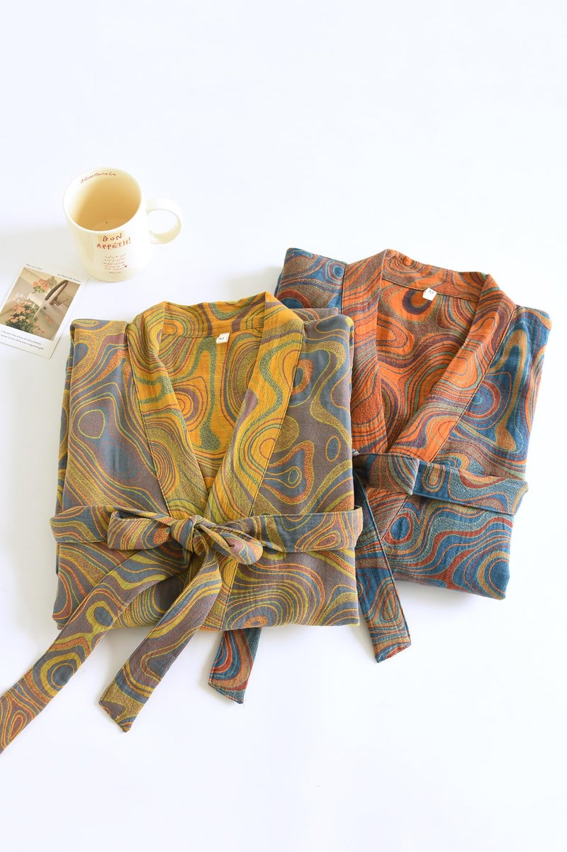 PEWRESLORS Yarn-dyed Cotton Japanese Kimono Bathrobe Loose Sleepwear Retro Yukata Robe for Women, L, Orange-yellow - Image 4