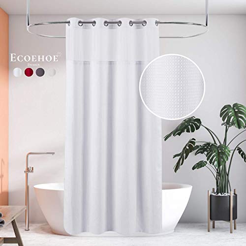 Ecoehoe Hotel Grade Waffle Weave Fabric Hook Free Shower Curtain with Magnets Snap-in Liner - Heavy Duty Bath Curtain with See Through Top Machine Washable 71" W * 79“ L White - Image 1
