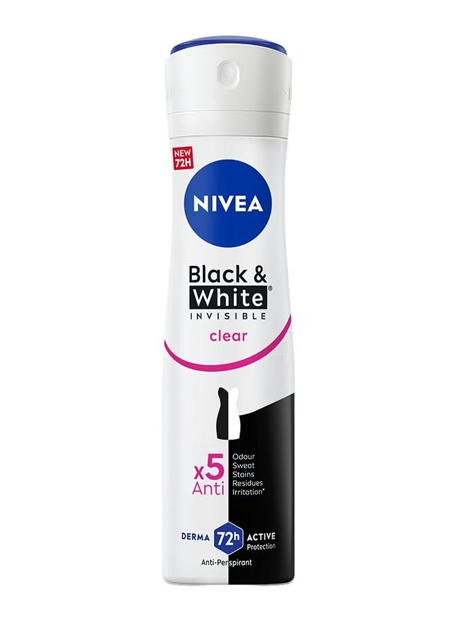 Nivea Black And White Invisible Antiperspirant Deodorant Spray For Women Clear, 72H Active Protection, 5IN1 Anti-Odour Sweat Stains Residues And Irritation Multicolour 150ml - Image 1