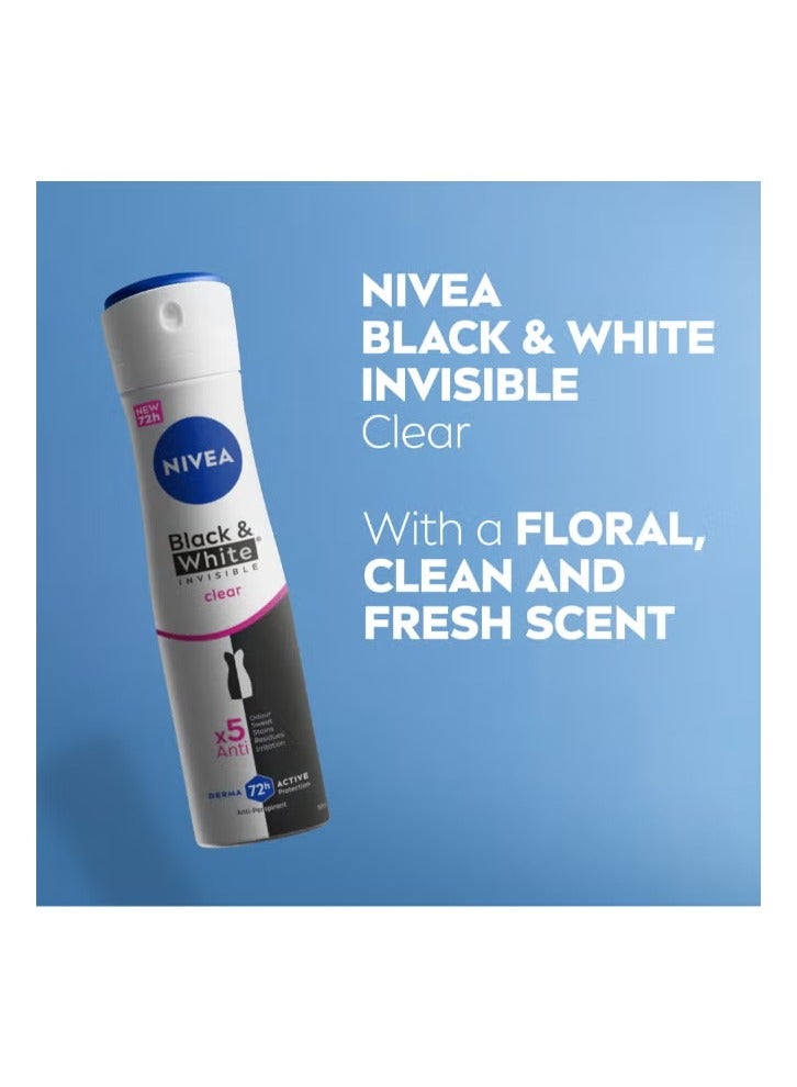 Nivea Black And White Invisible Antiperspirant Deodorant Spray For Women Clear, 72H Active Protection, 5IN1 Anti-Odour Sweat Stains Residues And Irritation Multicolour 150ml - Image 2