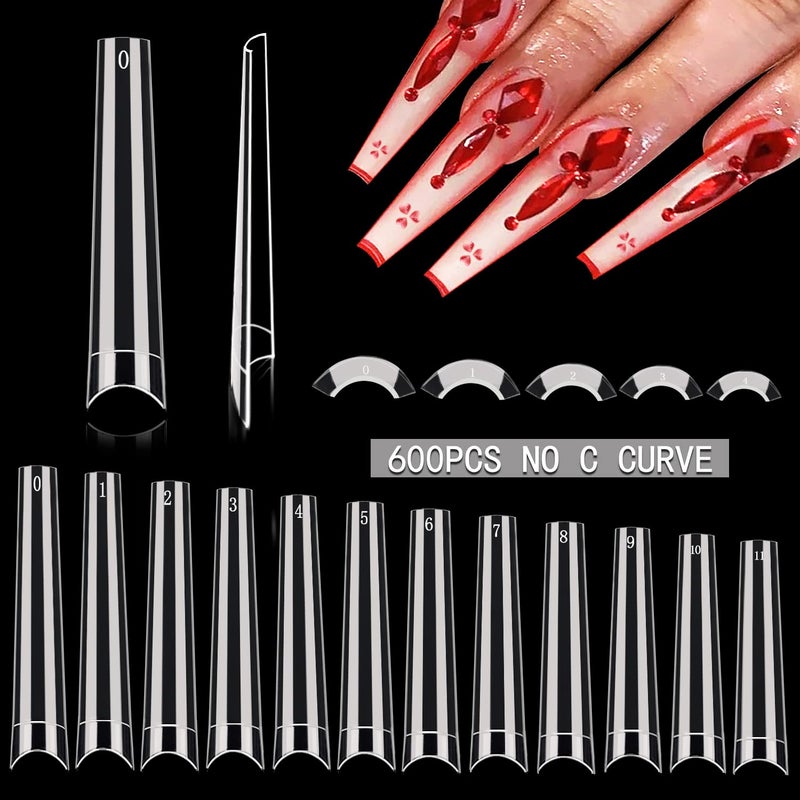 Namgznso 600PCS XXXL Coffin Nail Tips No C Curve Extra Long Clear Coffin Nail Tips for Acrylic Nails Professional Half Cover Flat Acrylic Nails Tips Fake Nails for Nail Salon and Home DIY 12 Sizes