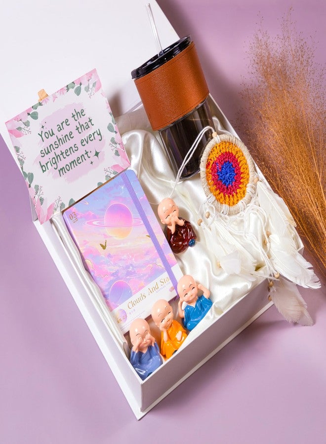 Rarejoy Unique and Stylish Birthday Gift set for Women, Coffee Sipper with leather handle + Dairy + 4 cute little Buddha Monks + Dreamcatcher + Canvas stand with Greeting | Gift for farewell, Sister - Image 1