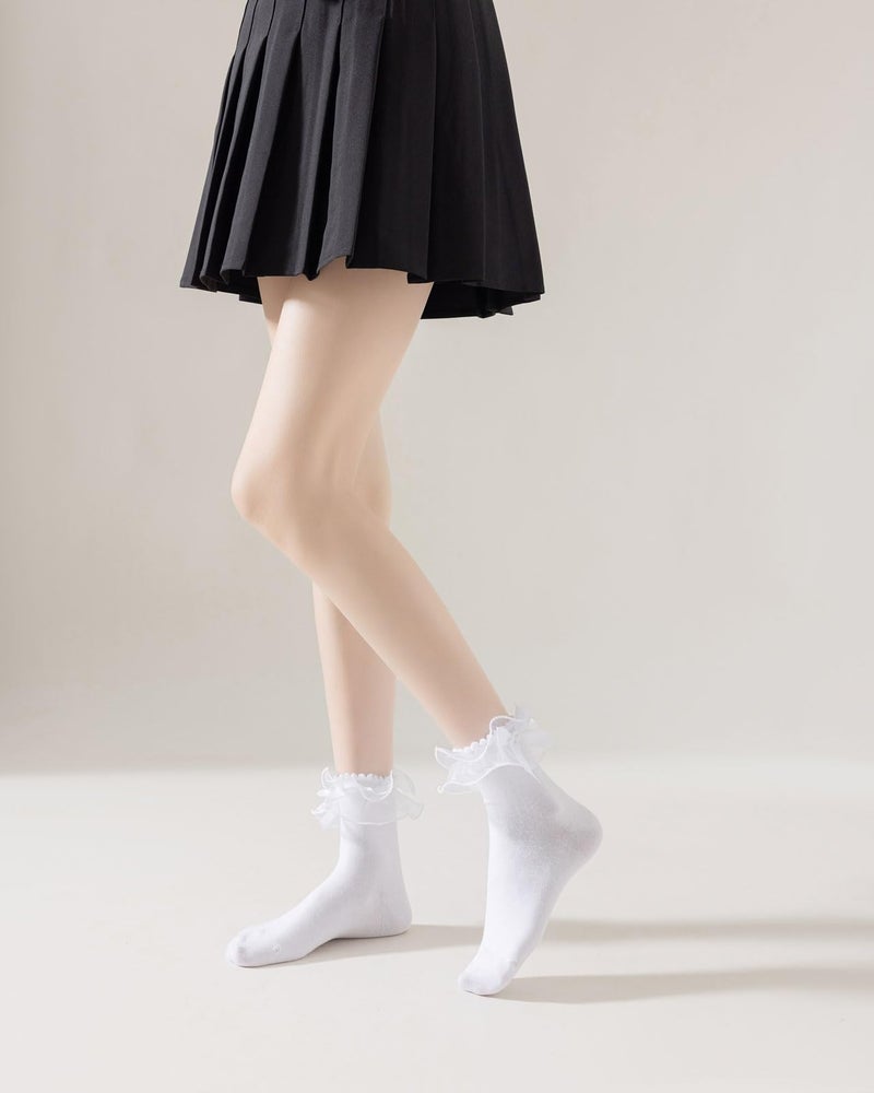 AMHRLINGTO Women Lace Socks Ruffle Frilly Socks - Comfortable Cotton Cute Princess Lolita socks with Bow (Cotton, White-1 Pairs) - Image 3