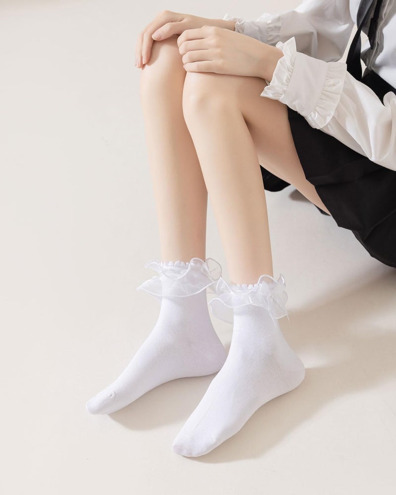 AMHRLINGTO Women Lace Socks Ruffle Frilly Socks - Comfortable Cotton Cute Princess Lolita socks with Bow (Cotton, White-1 Pairs) - Image 2