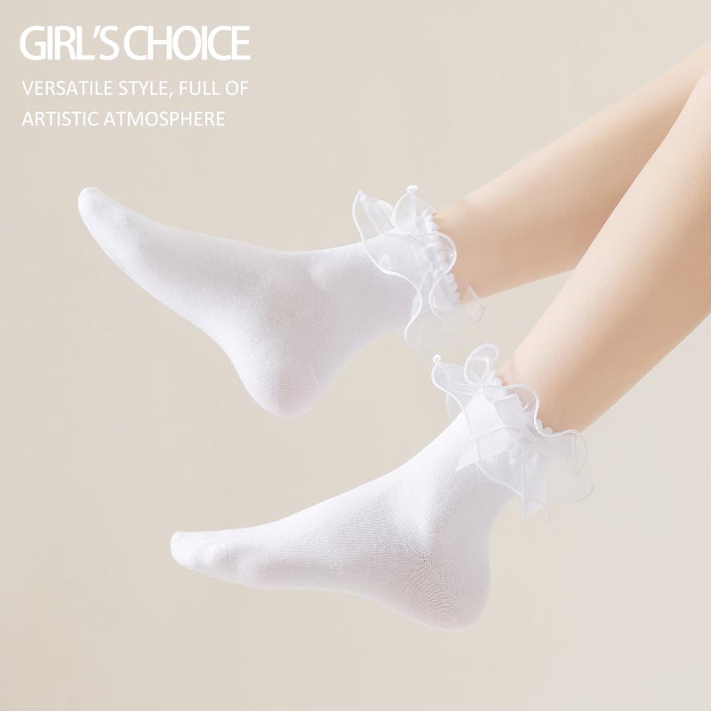 AMHRLINGTO Women Lace Socks Ruffle Frilly Socks - Comfortable Cotton Cute Princess Lolita socks with Bow (Cotton, White-1 Pairs) - Image 4