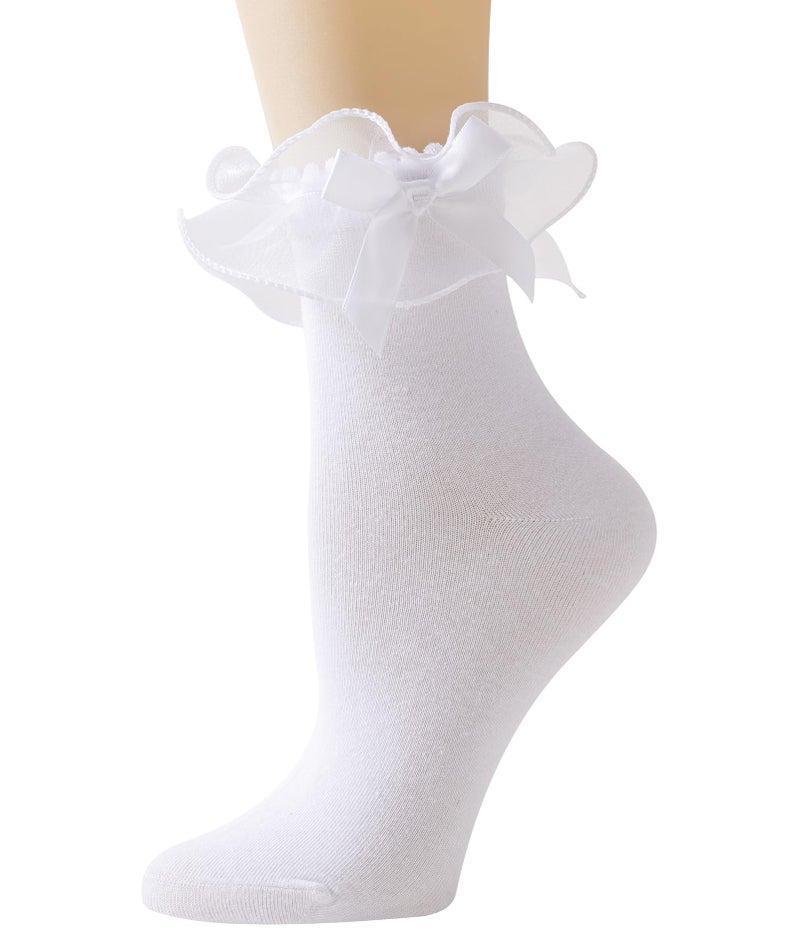 AMHRLINGTO Women Lace Socks Ruffle Frilly Socks - Comfortable Cotton Cute Princess Lolita socks with Bow (Cotton, White-1 Pairs) - Image 1