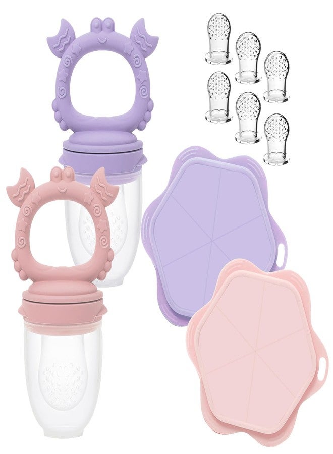 Ginbear Baby Fruit Food Feeder & Popsicle Molds Combo (Set of 2), Silicone Teething Feeders with Freezer Tray for Infants 4 Months+ (Pink/Lilac) - Image 1