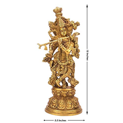 ARTVARKO Big Brass Lord Murli Manohar Krishna Krishan Brass Statue Murti for Temple Puja Gift & Home Décor Height 15 Inches - Image 3