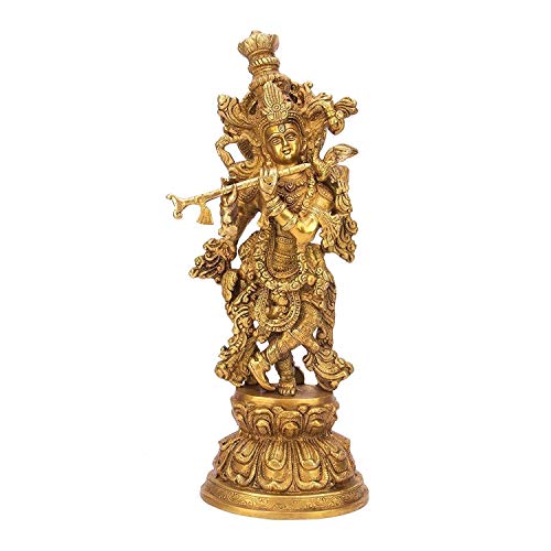 ARTVARKO Big Brass Lord Murli Manohar Krishna Krishan Brass Statue Murti for Temple Puja Gift & Home Décor Height 15 Inches - Image 2