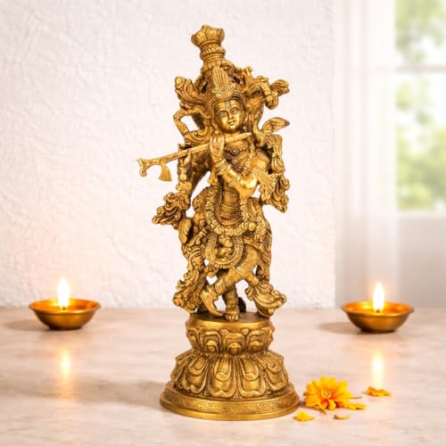ARTVARKO Big Brass Lord Murli Manohar Krishna Krishan Brass Statue Murti for Temple Puja Gift & Home Décor Height 15 Inches - Image 1