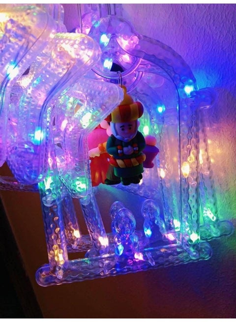 Multi-mode multi color RGB lighting curtain with illuminated designs in a Ramadan theme and lanterns, warm baby bulbs, festive home and occasion decoration for Ramadan with lantern characters, 3 meters long with remote control.