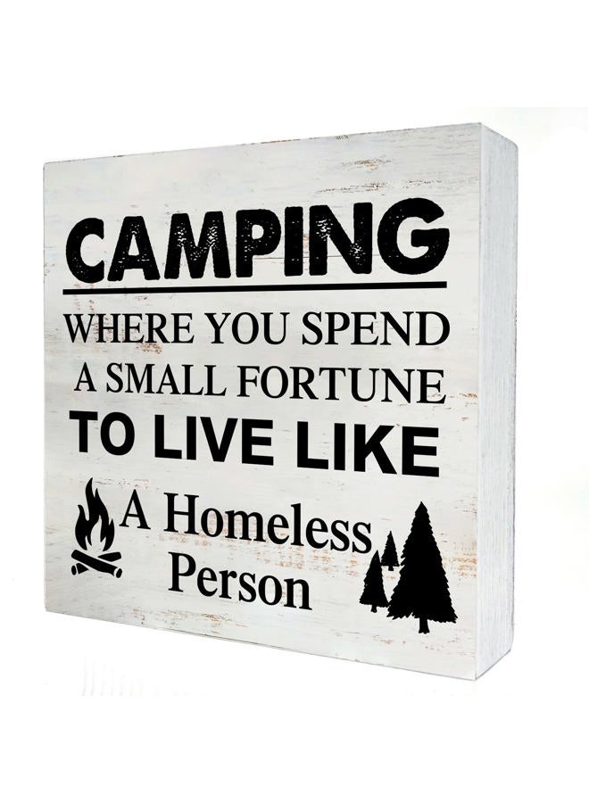 Yigaue Camping Where You Spend a Small Fortune Camping Wooden Box Sign Desk Decor 5 x 5 Inch Travel Trailer Camper Box Sign Wood Block Sign Rustic Decor - Image 1