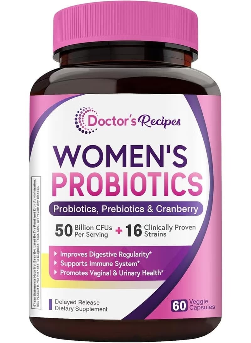 Doctor's Recipes Women’s Probiotic, 50 Billion CFU 16 Strains, with Organic Cranberry, Digestive Immune Vaginal & Urinary Health - 60 Caps - Image 1