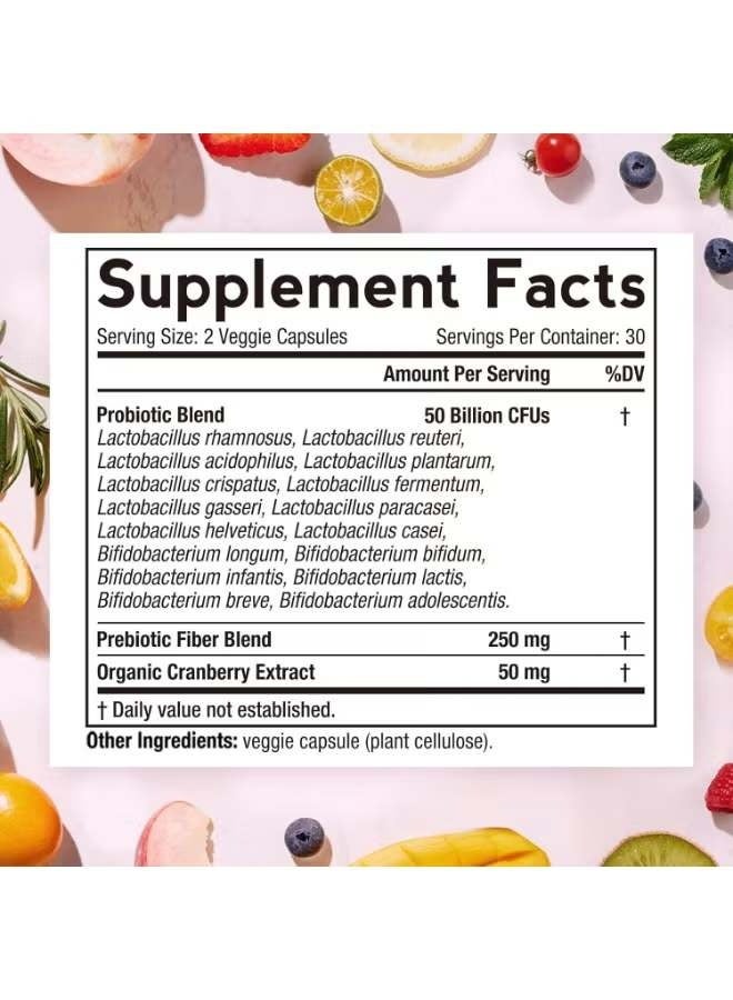 Doctor's Recipes Women’s Probiotic, 50 Billion CFU 16 Strains, with Organic Cranberry, Digestive Immune Vaginal & Urinary Health - 60 Caps - Image 2