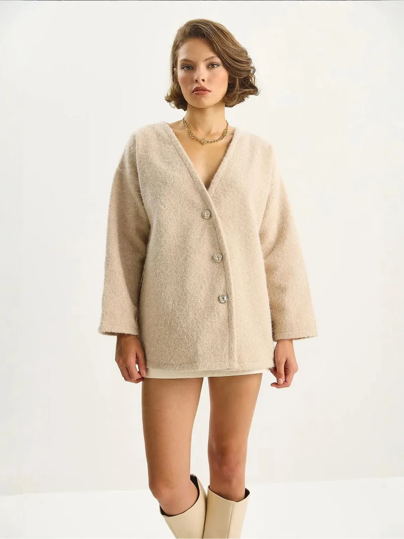 Bianco Lucci LUCCI Textured V-neck Button Cardigan