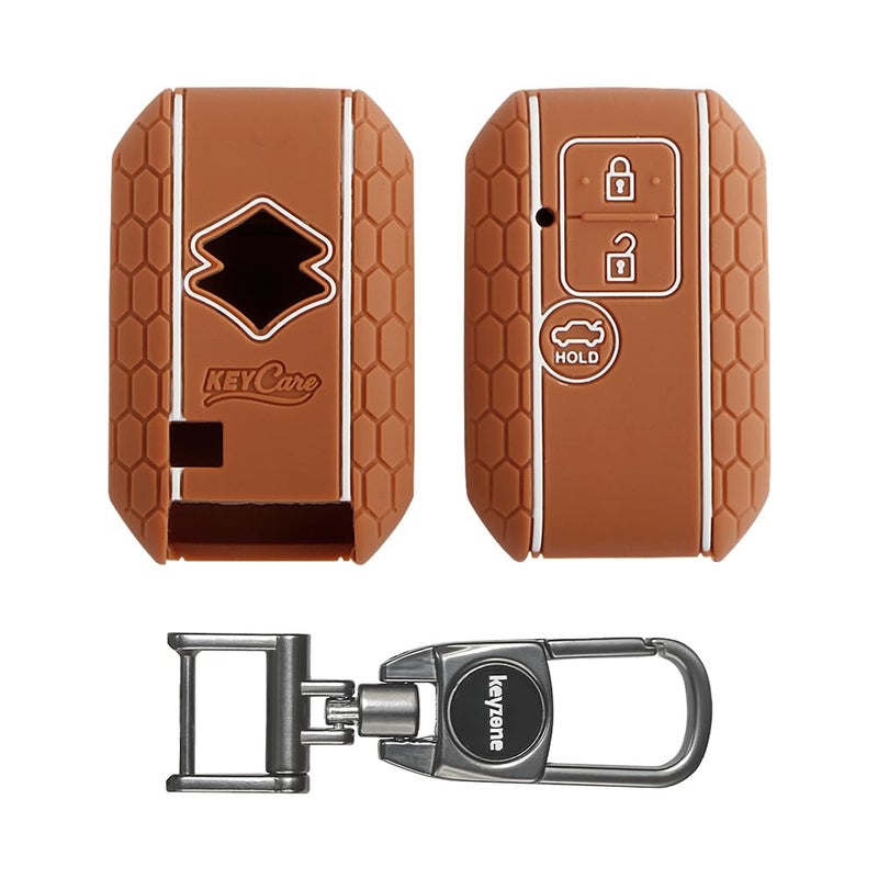 KCARE Silicone Key Cover for Victoris, Ertiga, Swift, DZire 3 Button Smart Key (Push Button Start Models only) (Brown with MAH Key Holder) - Image 1