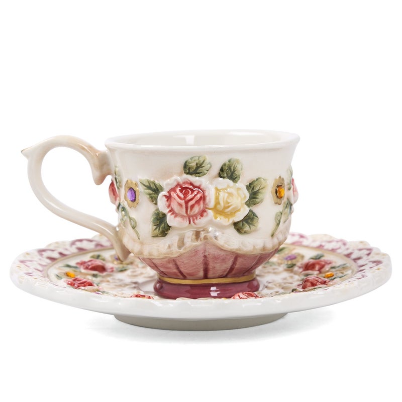 FORLONG Ceramic Coffee Mug and Saucer Set for Women Vitorian Handpainted Rose Flower Tea Cup  3ozRed