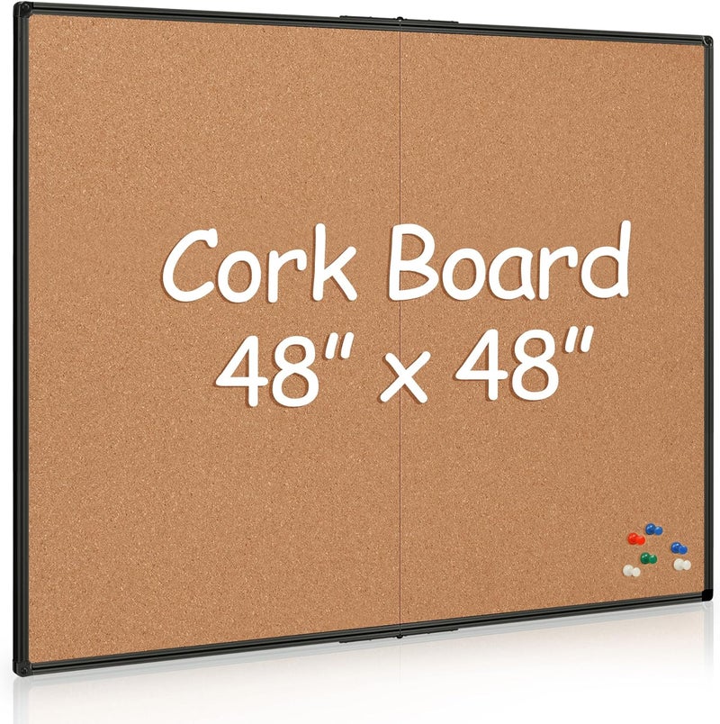 Board2by Extra Large Cork Bulletin Board 48" X 48", Foldable Notice Pin Board for Wall, Black Aluminum Framed 4'x4' Corkboard, Wall Mounted Noticeboard with 36 Push Pins for School, Home & Office - Image 1