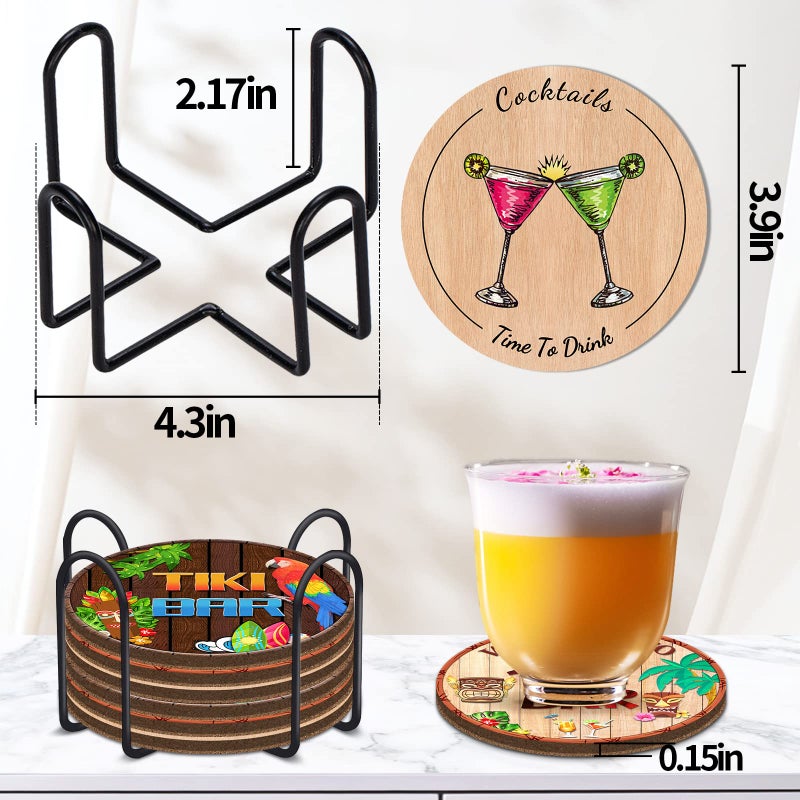 SuproBarware 6pcs Drink Coasters with Holder Coaster for Drinks Thick Sturdy Absorbent Cork Funny Tiki Bar Designs for Coffee Cups Drinking Glasses Table Desk Protection Housewarming Gift Home Decor - Image 2