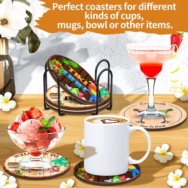 SuproBarware 6pcs Drink Coasters with Holder Coaster for Drinks Thick Sturdy Absorbent Cork Funny Tiki Bar Designs for Coffee Cups Drinking Glasses Table Desk Protection Housewarming Gift Home Decor - Image 3