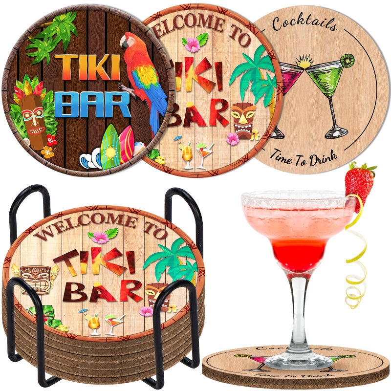 SuproBarware 6pcs Drink Coasters with Holder Coaster for Drinks Thick Sturdy Absorbent Cork Funny Tiki Bar Designs for Coffee Cups Drinking Glasses Table Desk Protection Housewarming Gift Home Decor - Image 1