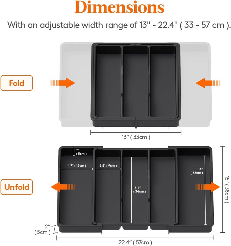 ESTAMINE Organizer for Kitchen Drawers, Expandable Cooking Utensil Tray, Adjustable Cutlery Silverware Flatware Holder, Plastic Kitchen Spatula Tools and Gadgets Storage Divider, Large, Black - Image 2