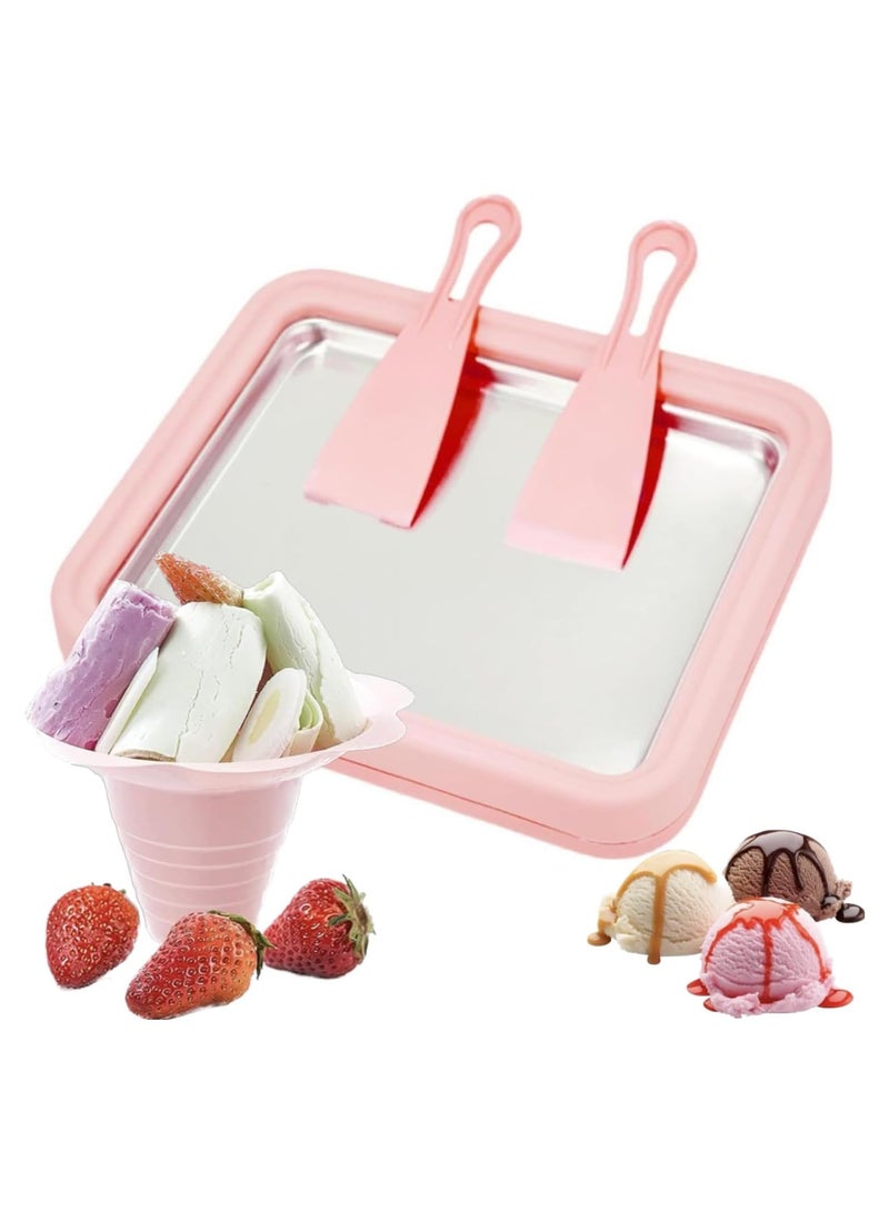 Ice Cream Roller Maker，Ice Cream Roll Dessert at Home，Ice Plate Ice Cream Roller Plate Anti-Griddle Pan with 2 Spatulas Easy Homemade Rolled Ice Cream, Frozen Treat Maker (Big Pink) - Image 1