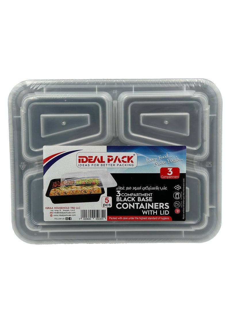 Ideal Pack Black Base Rectangular 3-Compartment Food Containers with Lids – 5 Pack | Microwave & Freezer Safe | Leak-Resistant Meal Prep and Takeaway Containers - Image 1