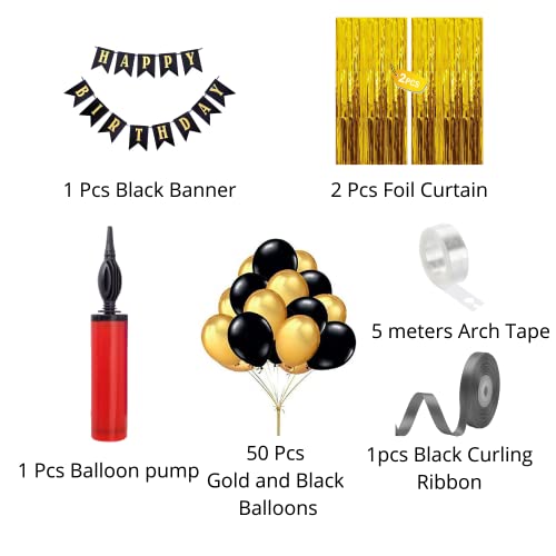 Flyloons Black Gold Happy Birthday Decoration items, Set of Happy Birthday Banner, Golden Foil Curtain, Golden Balloons, Black Balloons, Balloon Pump, Arch Tape for Husband Boys Girls - Image 2