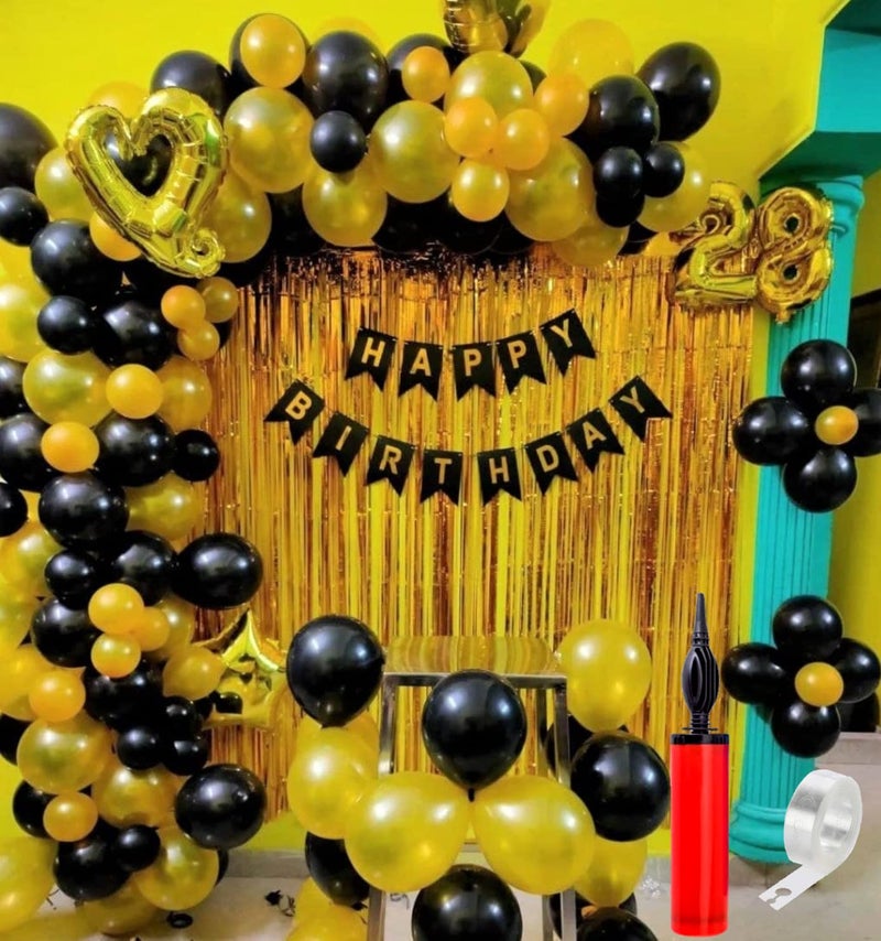 Flyloons Black Gold Happy Birthday Decoration items, Set of Happy Birthday Banner, Golden Foil Curtain, Golden Balloons, Black Balloons, Balloon Pump, Arch Tape for Husband Boys Girls - Image 1