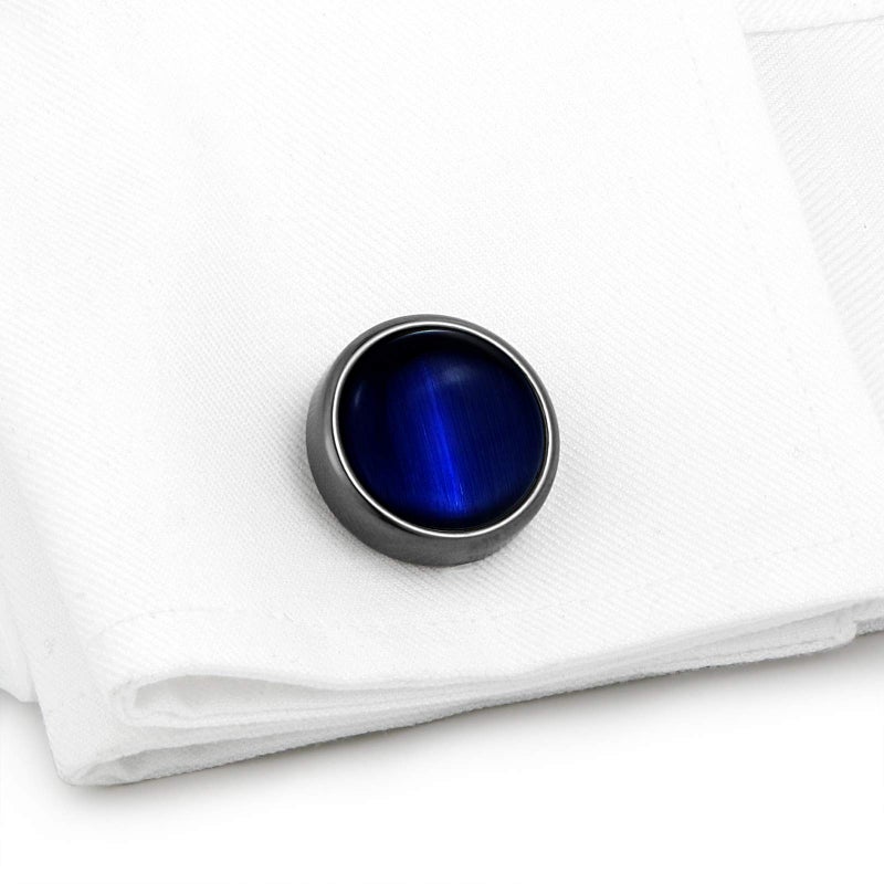 VIILOCK Round Cat Eye Cufflinks for Men Dark Blue Opal Cuff Links in Gun Black Business Shirt - Image 5