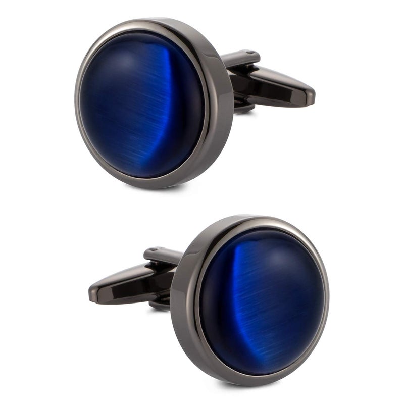 VIILOCK Round Cat Eye Cufflinks for Men Dark Blue Opal Cuff Links in Gun Black Business Shirt - Image 1