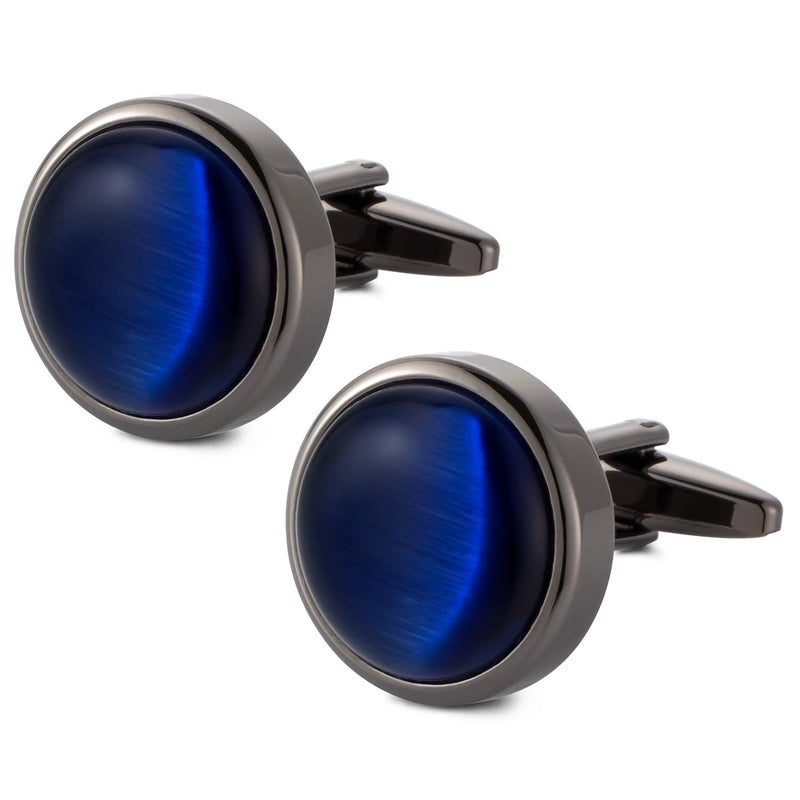 VIILOCK Round Cat Eye Cufflinks for Men Dark Blue Opal Cuff Links in Gun Black Business Shirt - Image 4