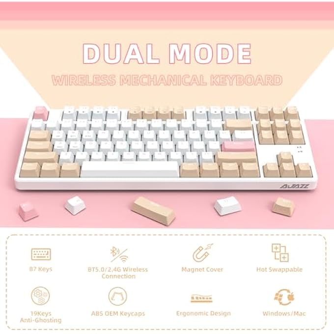 A-jazz A.JAZZ WIRELESS MECHANICAL KEYBOARD, 87 KEYS TKL HOT SWAPPABLE BLUETOOTH GAMING KEYBOARD, DUAL MODE BT5.0/2.4G WITH DETACHABLE FRAME, USB HUB OEM KEYCAPS CUSTOM KEYBOARD FOR PC GAMER XBOX(RED SWITCH) - Image 2